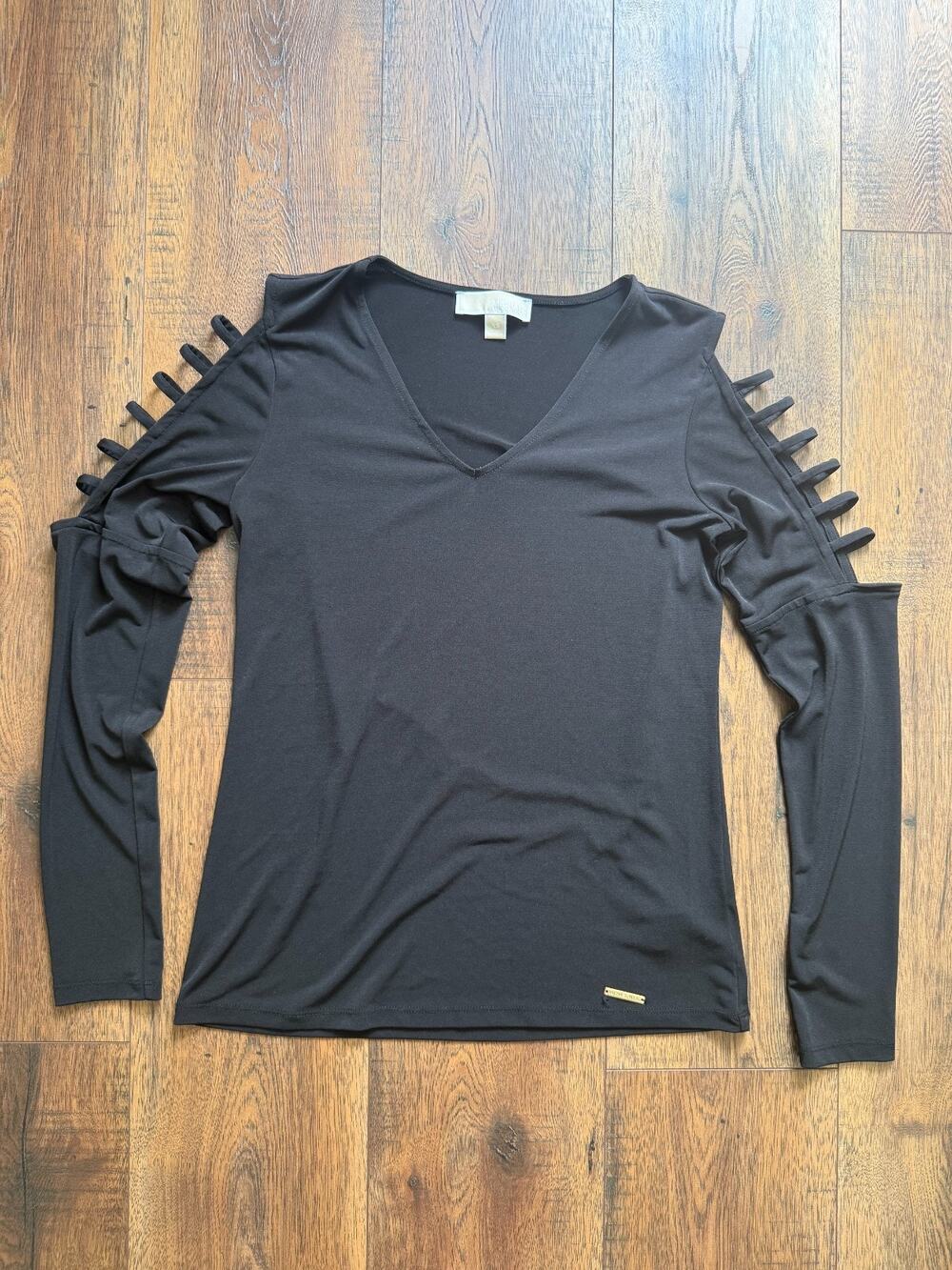 Michael Kors Black Edgy Glam Cold Shoulder Ladder Sleeve Top XS